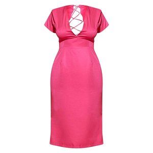 NWT Pretty Little Thing Plus PLUS HOT PINK LACE UP BACK SATIN MIDI DRESS